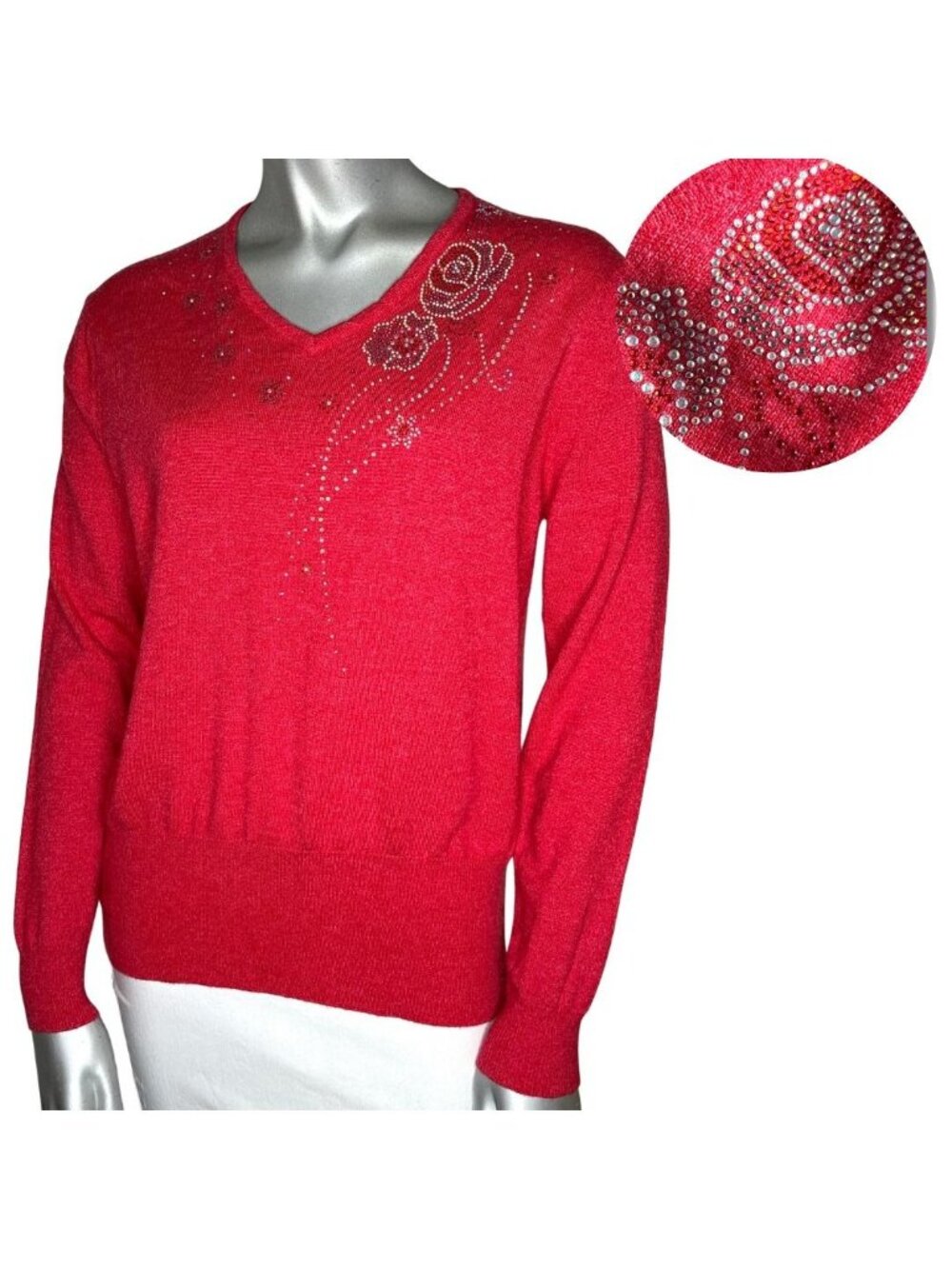 Vintage Red Cashmere Wool Blend Crystal Rose Embellished V-Neck Sweater S/M